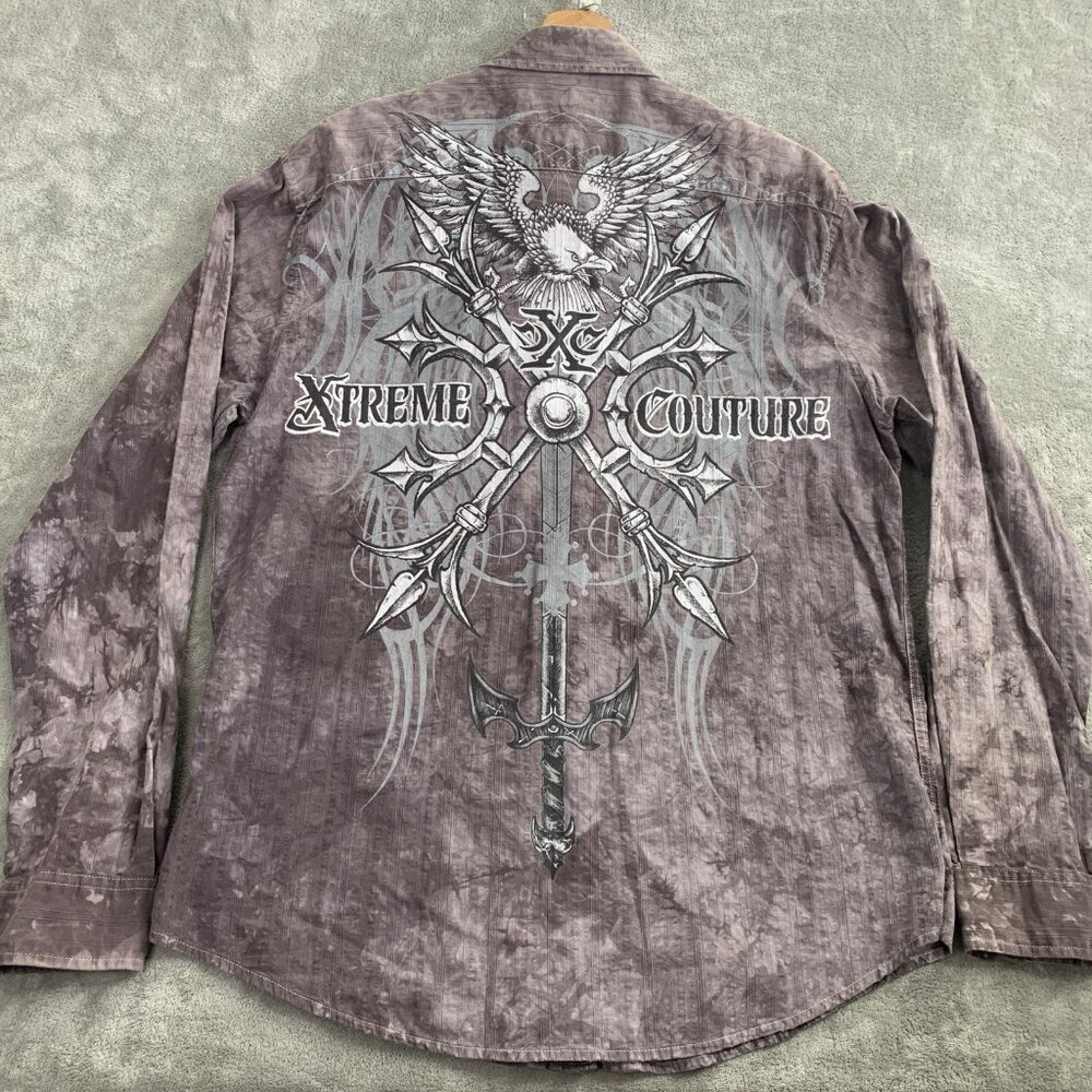 Xtreme Couture Shirt Mens XL Long Sleeve Button Up Graphic Print Logo Cross